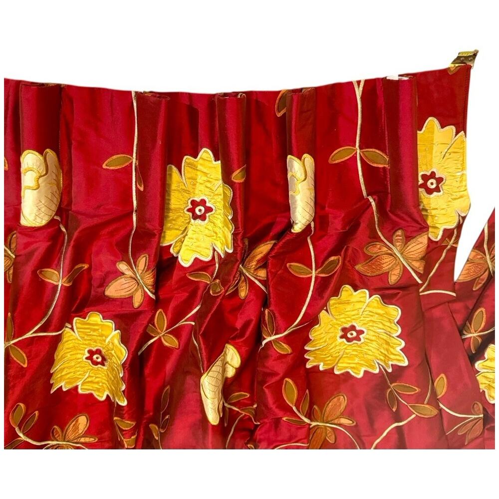 2 -Silk Taffeta Embroidered Floral Red Yellow Lined Drapery Curtain Panels 24x98